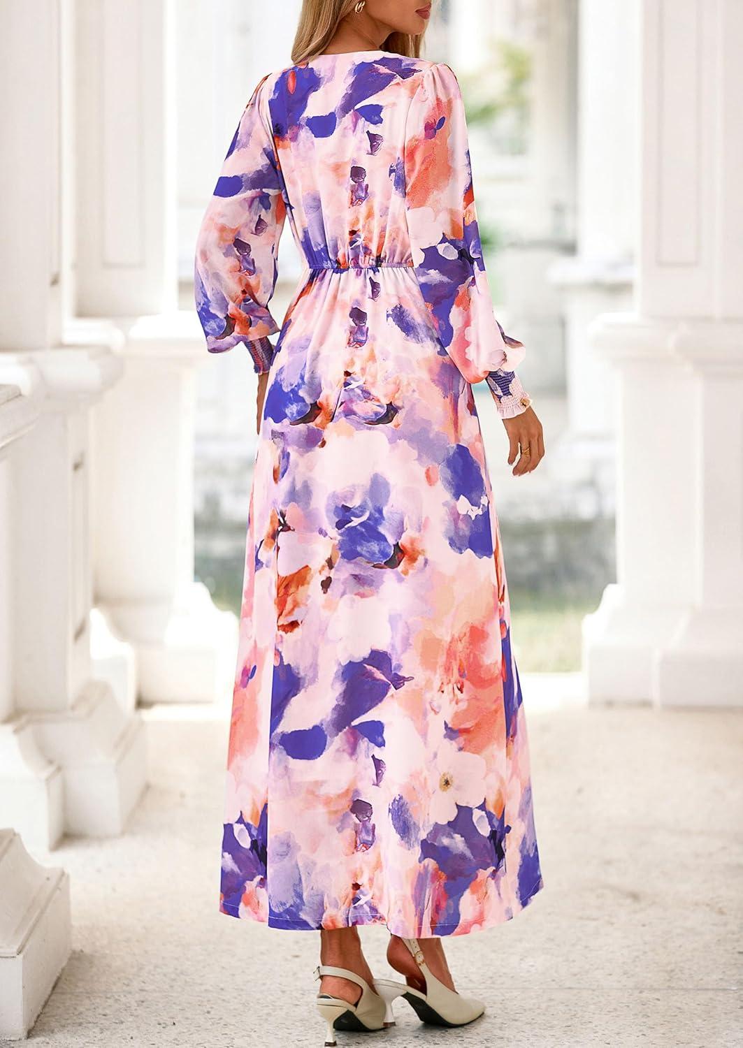 image:imagePRETTYGARDEN Womens 2026 Spring Wedding Guest Dresses Floral Long Sleeve V Neck Belted Long Flowy Boho Maxi DressFloral Multicolored