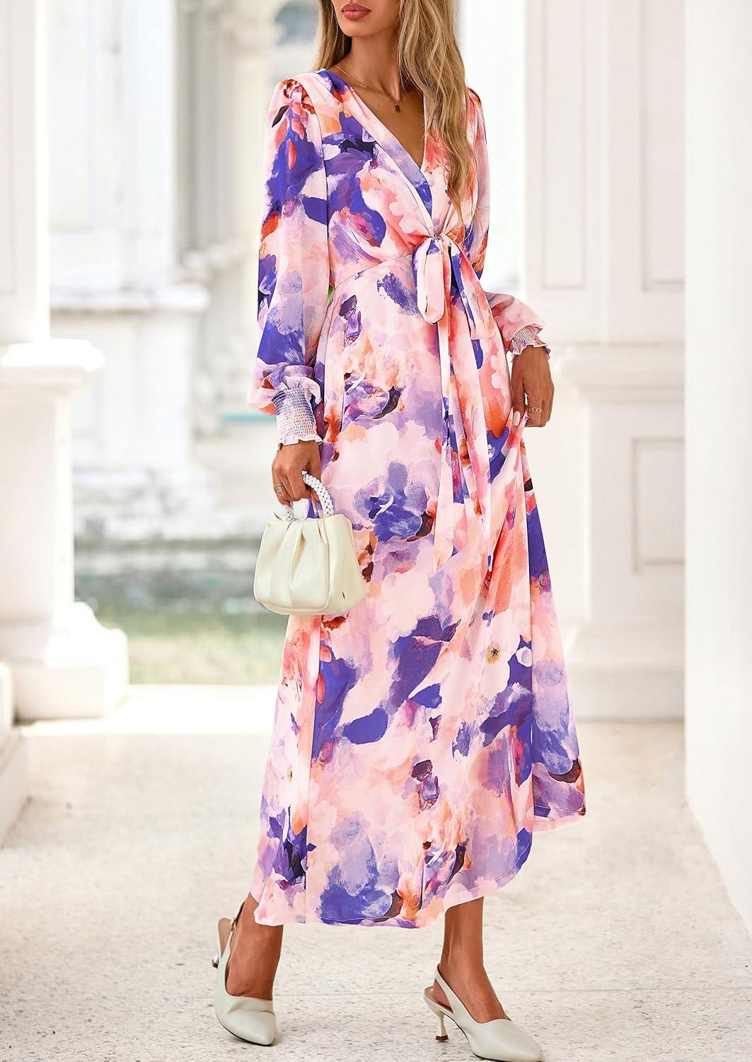image:imagePRETTYGARDEN Womens 2026 Spring Wedding Guest Dresses Floral Long Sleeve V Neck Belted Long Flowy Boho Maxi DressFloral Multicolored
