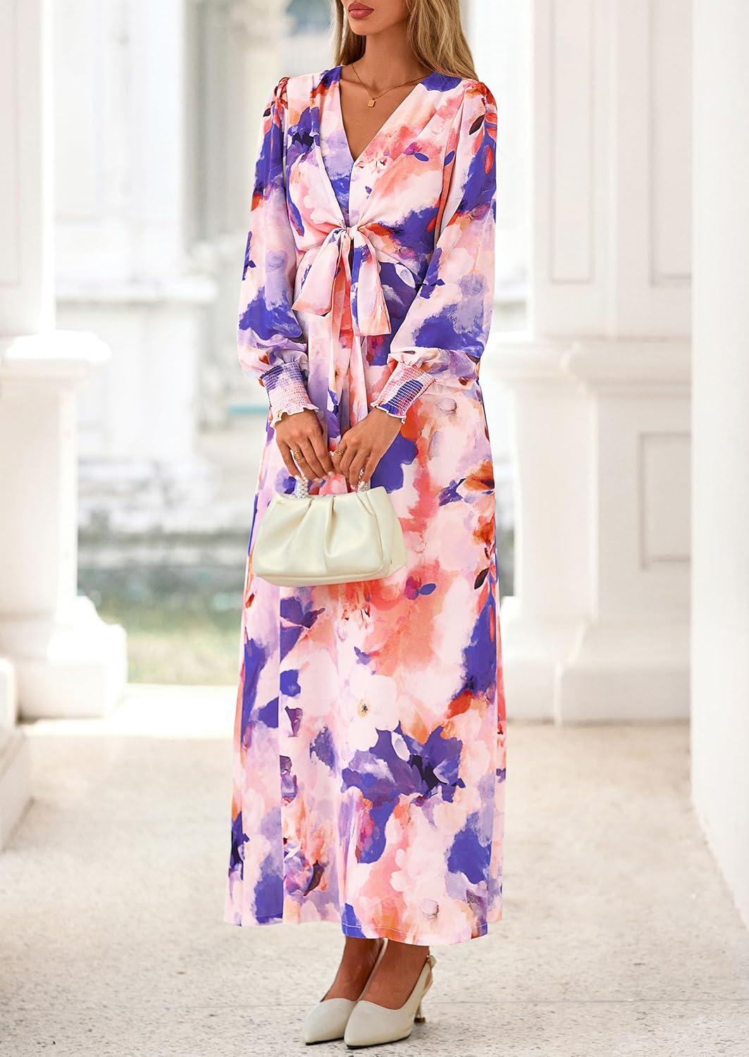 image:imagePRETTYGARDEN Womens 2026 Spring Wedding Guest Dresses Floral Long Sleeve V Neck Belted Long Flowy Boho Maxi DressFloral Multicolored
