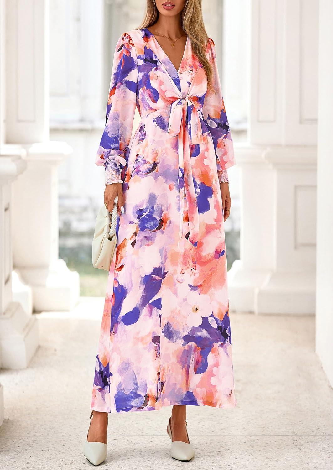image:imagePRETTYGARDEN Womens 2026 Spring Wedding Guest Dresses Floral Long Sleeve V Neck Belted Long Flowy Boho Maxi DressFloral Multicolored