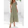 image:imagePRETTYGARDEN Boho Dresses for Women 2026 Summer Floral Short Sleeve V Neck Smocked Flowy Beach Vacation Maxi DressArmy Green Floral