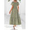 image:imagePRETTYGARDEN Boho Dresses for Women 2026 Summer Floral Short Sleeve V Neck Smocked Flowy Beach Vacation Maxi DressArmy Green Floral