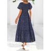 image:imagePRETTYGARDEN Boho Dresses for Women 2026 Summer Floral Short Sleeve V Neck Smocked Flowy Beach Vacation Maxi DressBlack Blue Floral