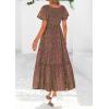 image:imagePRETTYGARDEN Boho Dresses for Women 2026 Summer Floral Short Sleeve V Neck Smocked Flowy Beach Vacation Maxi DressGreen Red Floral
