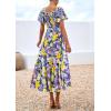 image:imagePRETTYGARDEN Boho Dresses for Women 2026 Summer Floral Short Sleeve V Neck Smocked Flowy Beach Vacation Maxi DressPurple Yellow Floral