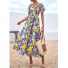 image:imagePRETTYGARDEN Boho Dresses for Women 2026 Summer Floral Short Sleeve V Neck Smocked Flowy Beach Vacation Maxi DressPurple Yellow Floral