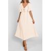 image:imagePRETTYGARDEN Summer Dress for Women 2026 Casual Short Sleeve Bow Tie V Neck Ruffle Midi Flowy DressesBeige