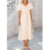image:imagePRETTYGARDEN Summer Dress for Women 2026 Casual Short Sleeve Bow Tie V Neck Ruffle Midi Flowy DressesBeige