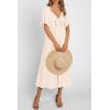 image:imagePRETTYGARDEN Summer Dress for Women 2026 Casual Short Sleeve Bow Tie V Neck Ruffle Midi Flowy DressesBeige