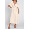 image:imagePRETTYGARDEN Summer Dress for Women 2026 Casual Short Sleeve Bow Tie V Neck Ruffle Midi Flowy DressesBeige