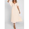 image:imagePRETTYGARDEN Summer Dress for Women 2026 Casual Short Sleeve Bow Tie V Neck Ruffle Midi Flowy DressesBeige