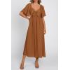image:imagePRETTYGARDEN Summer Dress for Women 2026 Casual Short Sleeve Bow Tie V Neck Ruffle Midi Flowy DressesBrown