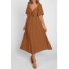 image:imagePRETTYGARDEN Summer Dress for Women 2026 Casual Short Sleeve Bow Tie V Neck Ruffle Midi Flowy DressesBrown