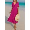image:imagePRETTYGARDEN Summer Dress for Women 2026 Casual Short Sleeve Bow Tie V Neck Ruffle Midi Flowy DressesRose Red
