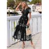 image:imagePRETTYGARDEN Summer Dresses for Women 2026 Floral Boho Maxi Spring Casual Short Sleeve V Neck Elastic Waist Dress PocketsBlack White Flower