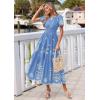 image:imagePRETTYGARDEN Summer Dresses for Women 2026 Floral Boho Maxi Spring Casual Short Sleeve V Neck Elastic Waist Dress PocketsLight Blue White Flower