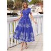 image:imagePRETTYGARDEN Summer Dresses for Women 2026 Floral Boho Maxi Spring Casual Short Sleeve V Neck Elastic Waist Dress PocketsRoyal Blue White Flower