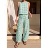 image:imagePRETTYGARDEN Womens 2 Piece Sets 2026 Summer Plaid Sleeveless Tops Wide Leg Pants Matching Lounge Set Beach Vacation OutfitsPlaid Green White