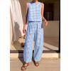 image:imagePRETTYGARDEN Womens 2 Piece Sets 2026 Summer Plaid Sleeveless Tops Wide Leg Pants Matching Lounge Set Beach Vacation OutfitsPlaid Light Blue White
