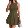 image:imagePRETTYGARDEN Womens 2026 Summer Mini Dress Sleeveless Ruched A Line Ruffle Flowy Short Cute Dresses Party Date Night OutfitsArmy Green
