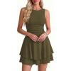 image:imagePRETTYGARDEN Womens 2026 Summer Mini Dress Sleeveless Ruched A Line Ruffle Flowy Short Cute Dresses Party Date Night OutfitsArmy Green