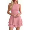 image:imagePRETTYGARDEN Womens 2026 Summer Mini Dress Sleeveless Ruched A Line Ruffle Flowy Short Cute Dresses Party Date Night OutfitsPink