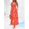 image:imagePRETTYGARDEN Womens Summer Puff Short Sleeve Maxi Dress Square Neck Smocked Tiered Ruffle A Line Long Flowy Beach DressesFloral Orange Pink
