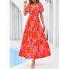 image:imagePRETTYGARDEN Womens Summer Puff Short Sleeve Maxi Dress Square Neck Smocked Tiered Ruffle A Line Long Flowy Beach DressesFloral Orange Pink