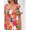 image:imagePRETTYGARDEN Womens Summer Puff Short Sleeve Maxi Dress Square Neck Smocked Tiered Ruffle A Line Long Flowy Beach DressesFloral Pink Orange