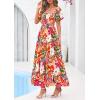 image:imagePRETTYGARDEN Womens Summer Puff Short Sleeve Maxi Dress Square Neck Smocked Tiered Ruffle A Line Long Flowy Beach DressesFloral Pink Orange