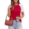 image:imagePRETTYGARDEN Womens Summer Tops Casual 2026 Lace Raglan Short Sleeve T Shirts Basic Tees Spring Fashion Blouse ClothesRed