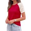 image:imagePRETTYGARDEN Womens Summer Tops Casual 2026 Lace Raglan Short Sleeve T Shirts Basic Tees Spring Fashion Blouse ClothesRed