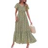 image:imagePRETTYGARDEN Boho Dresses for Women 2026 Summer Floral Short Sleeve V Neck Smocked Flowy Beach Vacation Maxi DressArmy Green Floral