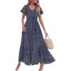 image:imagePRETTYGARDEN Boho Dresses for Women 2026 Summer Floral Short Sleeve V Neck Smocked Flowy Beach Vacation Maxi DressBlack Blue Floral