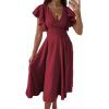 image:imagePRETTYGARDEN Summer Midi Dress 2026 Spring Ruffle Sleeve V Neck Cocktail Wedding Guest A Line Fit and Flared DressesWine Red