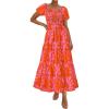 image:imagePRETTYGARDEN Womens Summer Puff Short Sleeve Maxi Dress Square Neck Smocked Tiered Ruffle A Line Long Flowy Beach DressesFloral Orange Pink