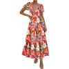 image:imagePRETTYGARDEN Womens Summer Puff Short Sleeve Maxi Dress Square Neck Smocked Tiered Ruffle A Line Long Flowy Beach DressesFloral Pink Orange