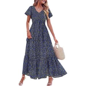 image:imagePRETTYGARDEN Boho Dresses for Women 2026 Summer Floral Short Sleeve V Neck Smocked Flowy Beach Vacation Maxi DressBlack Blue Floral