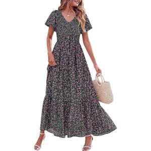 image:imagePRETTYGARDEN Boho Dresses for Women 2026 Summer Floral Short Sleeve V Neck Smocked Flowy Beach Vacation Maxi DressBlack Purple Floral