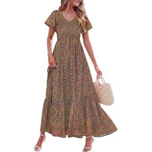 image:imagePRETTYGARDEN Boho Dresses for Women 2026 Summer Floral Short Sleeve V Neck Smocked Flowy Beach Vacation Maxi DressGreen Red Floral
