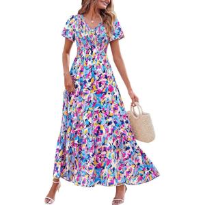 image:imagePRETTYGARDEN Boho Dresses for Women 2026 Summer Floral Short Sleeve V Neck Smocked Flowy Beach Vacation Maxi DressMulticolored Floral