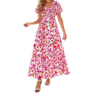 image:imagePRETTYGARDEN Boho Dresses for Women 2026 Summer Floral Short Sleeve V Neck Smocked Flowy Beach Vacation Maxi DressWhite Pink Floral
