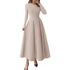 image:imagePRETTYGARDEN Cocktail Dresses for Women 2026 Elegant Classy Fall Long Sleeve Midi A Line Flowy Modest Winter Party DressApricot