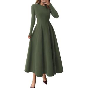 image:imagePRETTYGARDEN Cocktail Dresses for Women 2026 Elegant Classy Fall Long Sleeve Midi A Line Flowy Modest Winter Party DressArmy Green