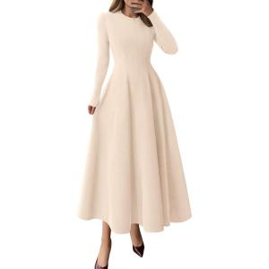 image:imagePRETTYGARDEN Cocktail Dresses for Women 2026 Elegant Classy Fall Long Sleeve Midi A Line Flowy Modest Winter Party DressBeige