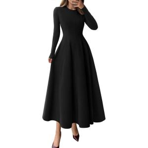 image:imagePRETTYGARDEN Cocktail Dresses for Women 2026 Elegant Classy Fall Long Sleeve Midi A Line Flowy Modest Winter Party DressBlack