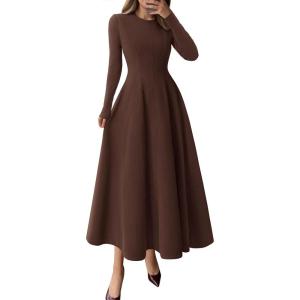 image:imagePRETTYGARDEN Cocktail Dresses for Women 2026 Elegant Classy Fall Long Sleeve Midi A Line Flowy Modest Winter Party DressBrown