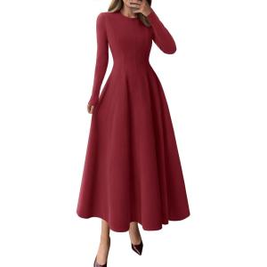 image:imagePRETTYGARDEN Cocktail Dresses for Women 2026 Elegant Classy Fall Long Sleeve Midi A Line Flowy Modest Winter Party DressBurgundy