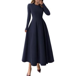 image:imagePRETTYGARDEN Cocktail Dresses for Women 2026 Elegant Classy Fall Long Sleeve Midi A Line Flowy Modest Winter Party DressDark Blue