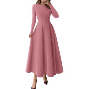 image:imagePRETTYGARDEN Cocktail Dresses for Women 2026 Elegant Classy Fall Long Sleeve Midi A Line Flowy Modest Winter Party DressPink